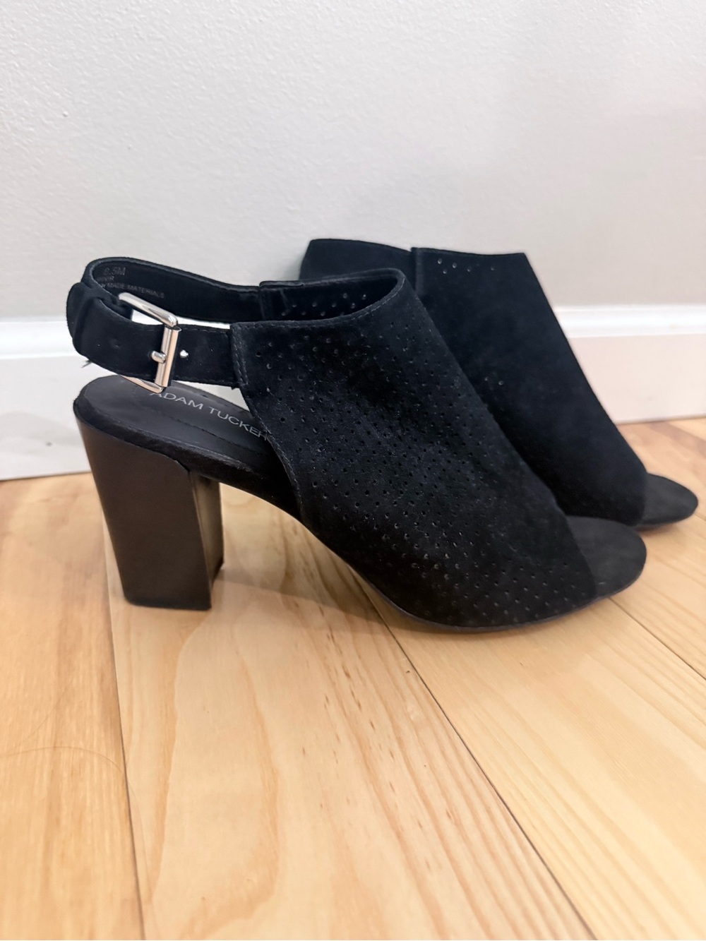 Adam Tucker Black Suede Open-Toe Block Heel Slingback | 8.5